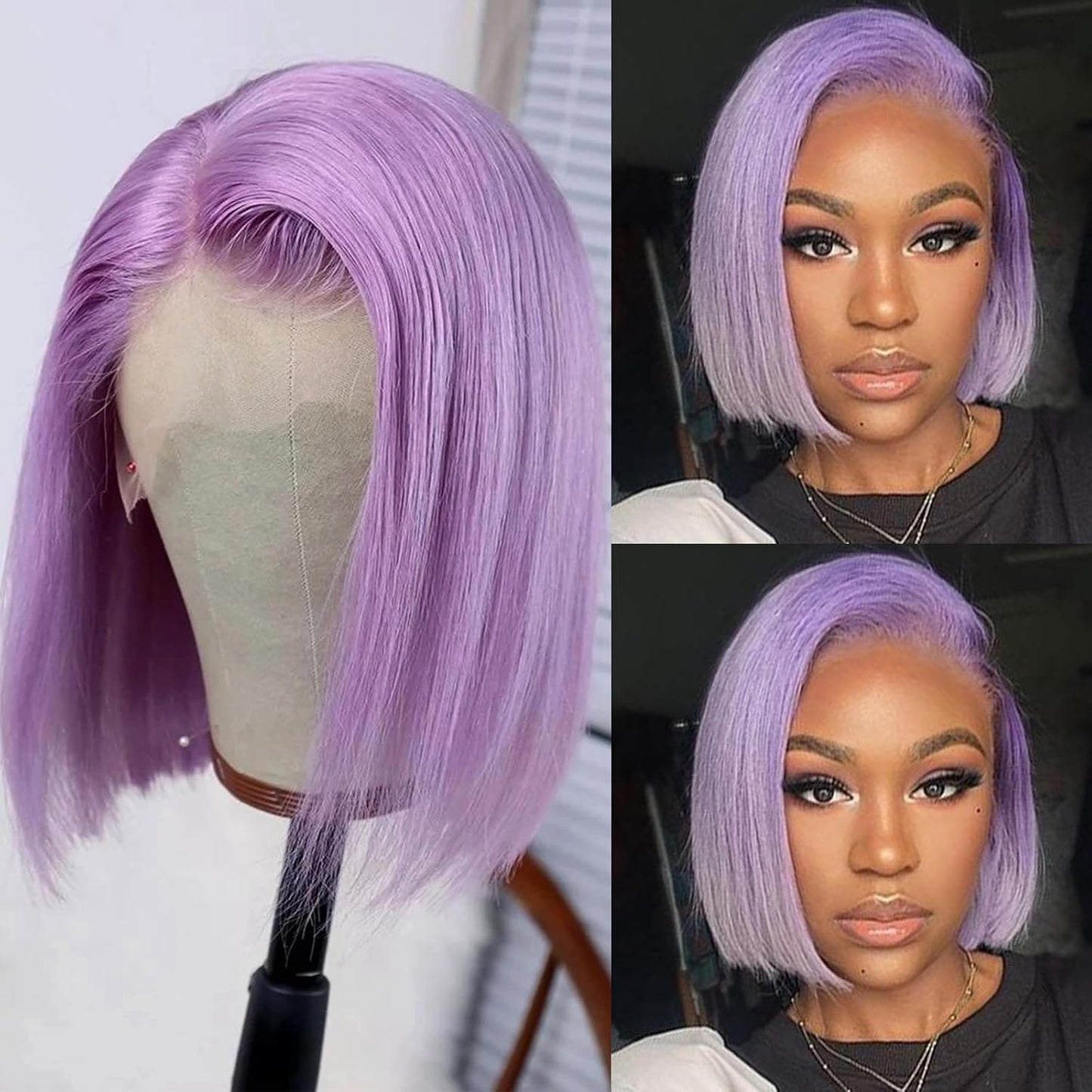 Licoville - Peluca de pelo humano negro y liso en corte bob para mu...