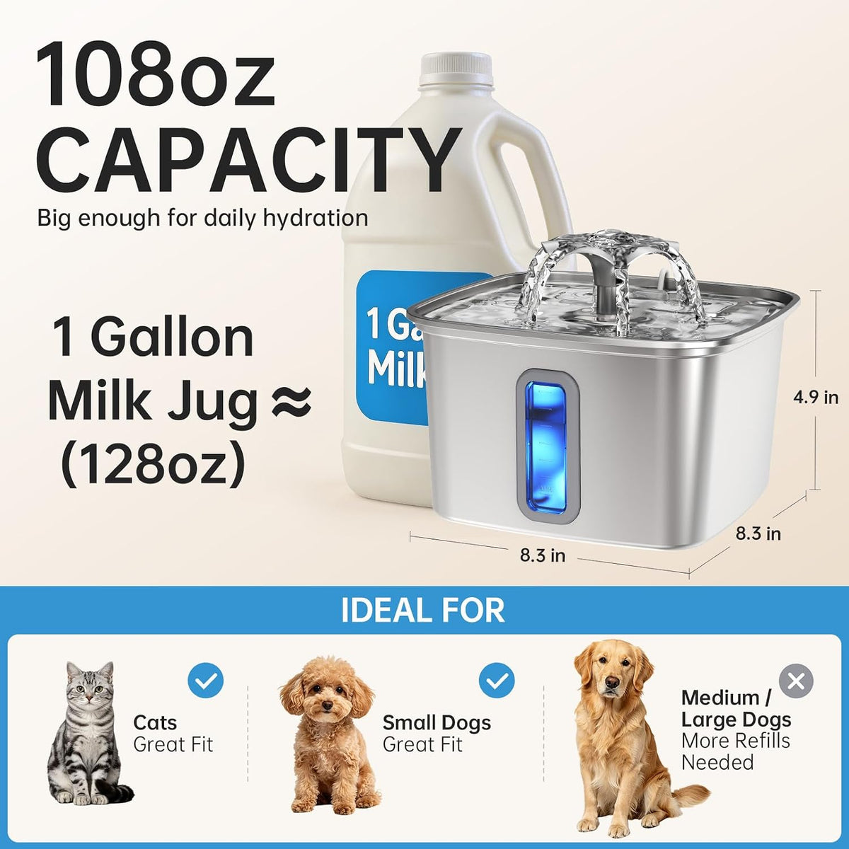 Veken Fuente de agua para gatos de acero inoxidable ganadora del pr...
