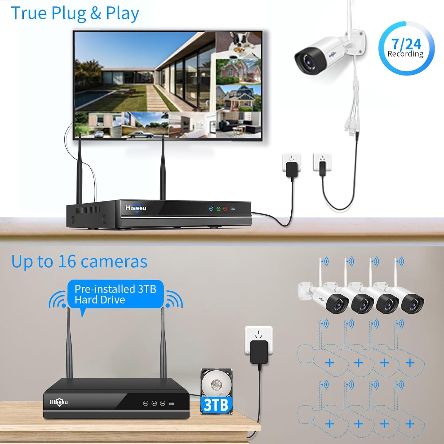 Hiseeu Sistema de cámara de seguridad inalámbrica de 5MP con 12 cám...