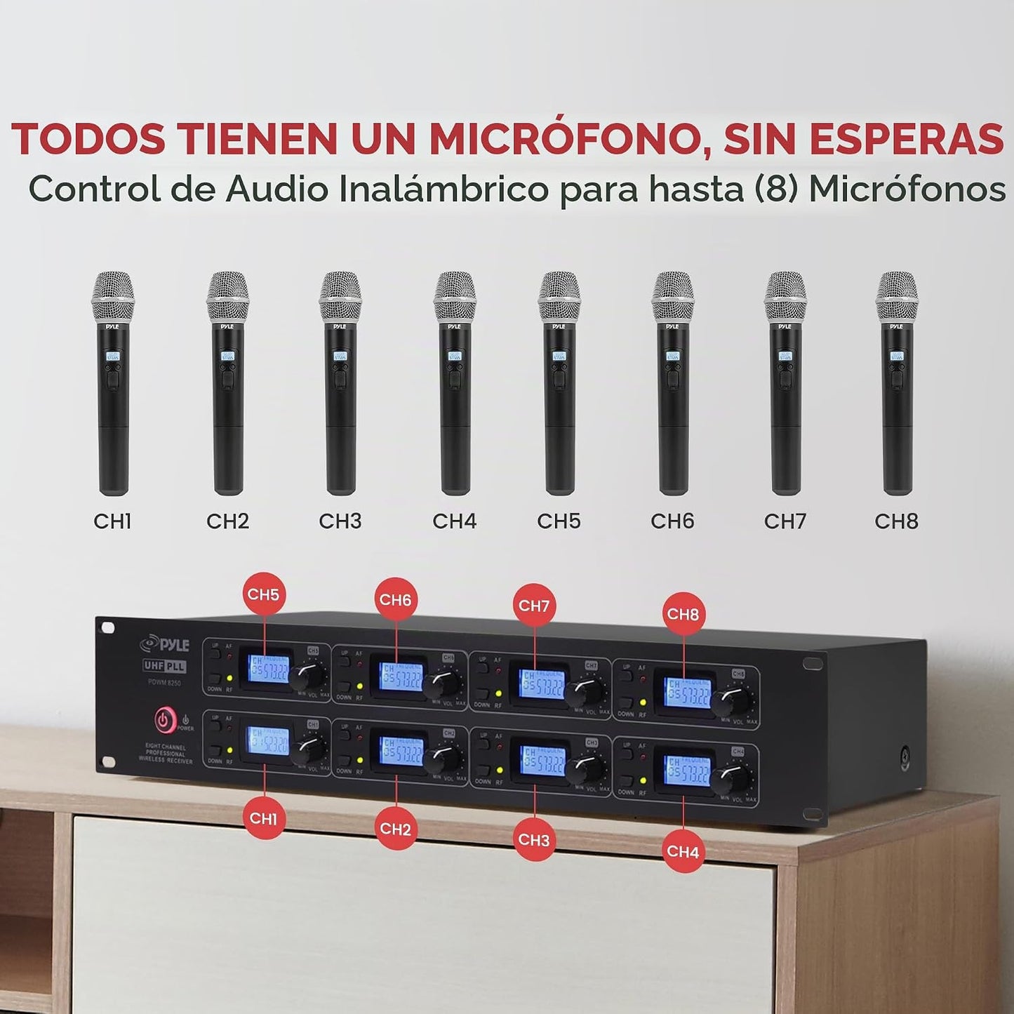 Pyle Sistema de micrófono inalámbrico UHF profesional de 8 canales,...
