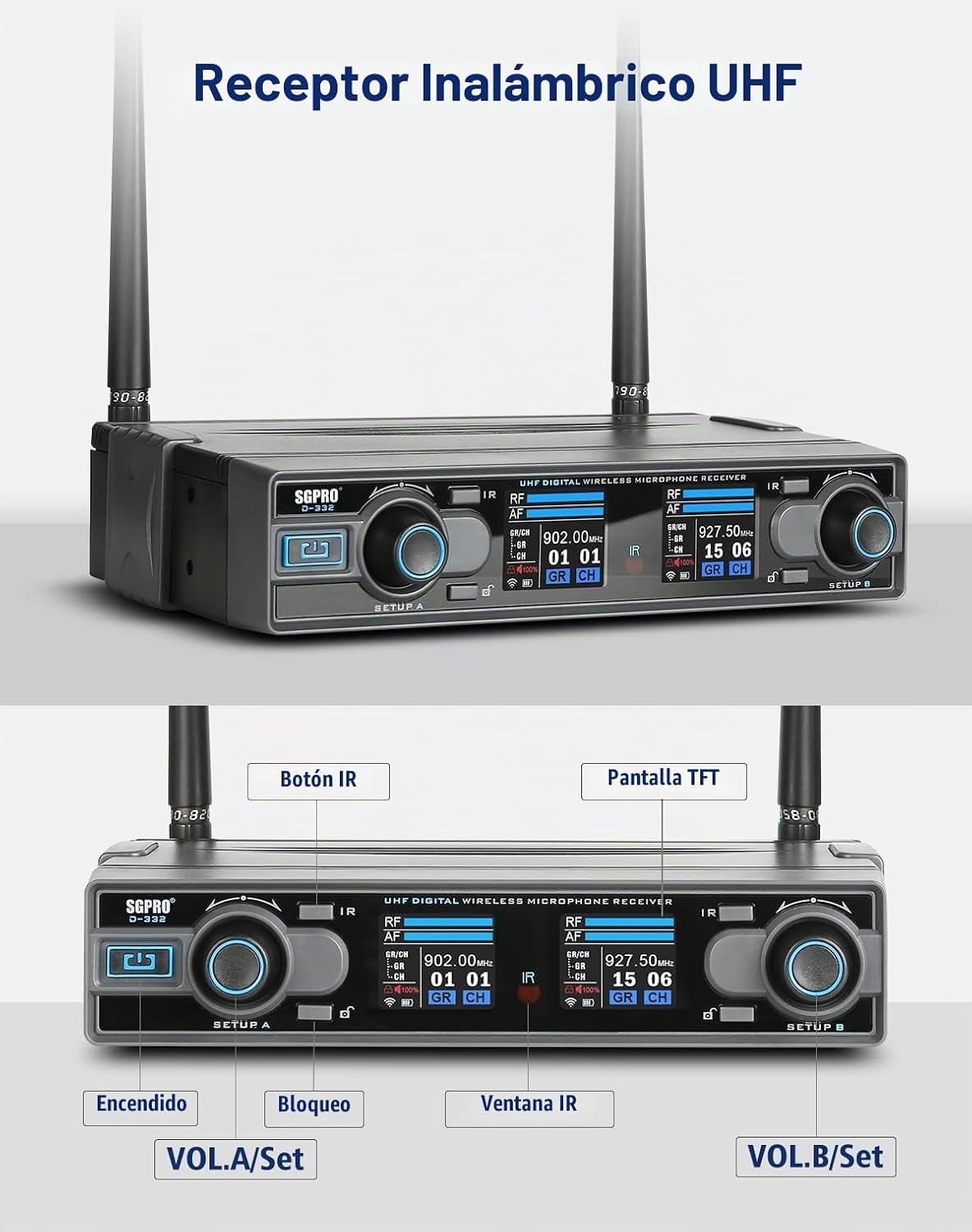 SGPRO D-332HB Dual UHF Sistema de micrófono inalámbrico, portátil y...