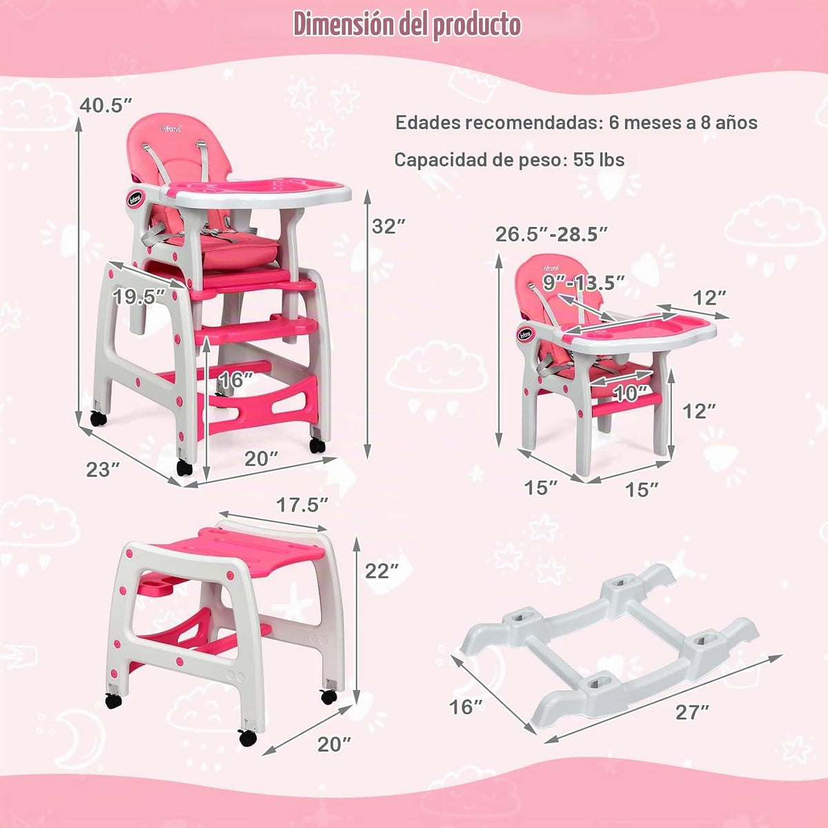 INFANS 5 en 1 Silla Alta para Bebé, Juego de Silla y Mesa Convertib...