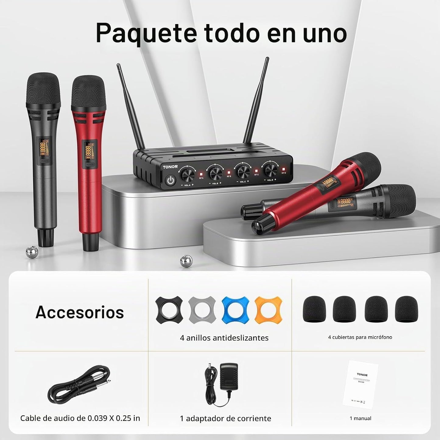 TONOR Sistema de Micrófonos Inalámbricos con 4x10 Canales, Micrófon...