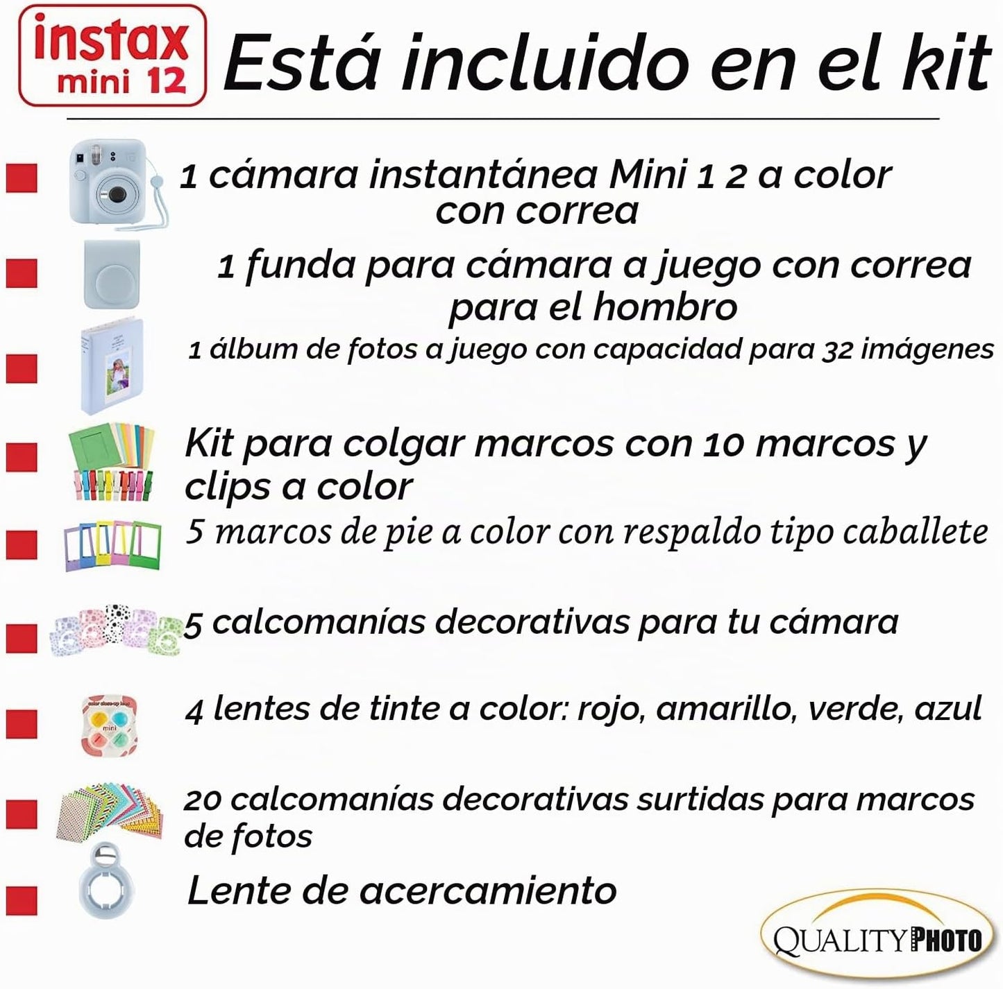 Fujifilm - Cámara instantánea Instax Mini 12 con estuche, calcomaní...