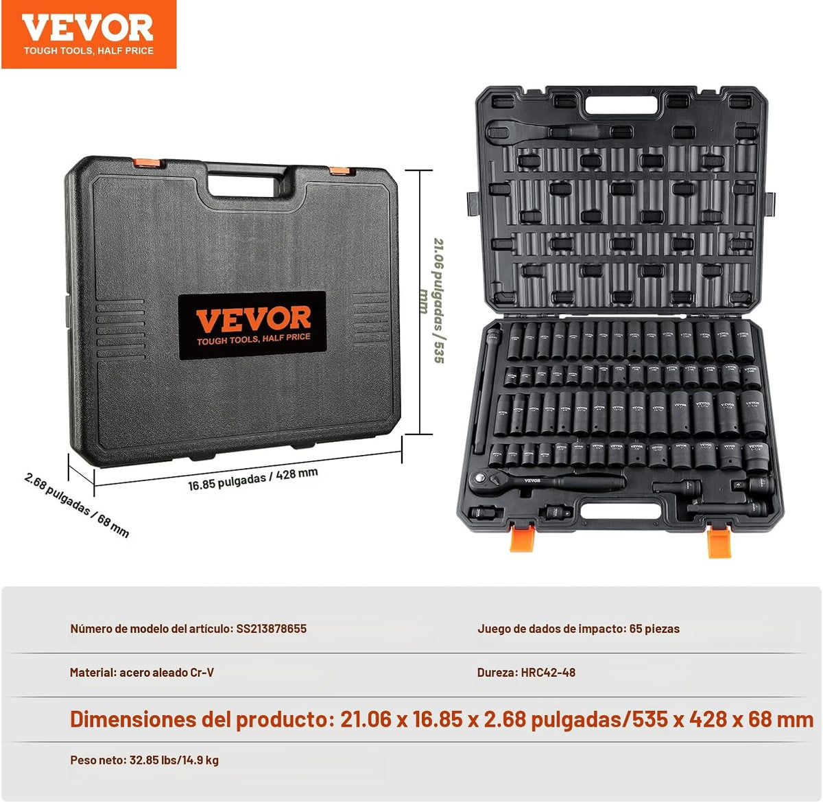 Vevor - Juego de 1\/2 pulgada de llaves de impacto de 65 piezas SAE...