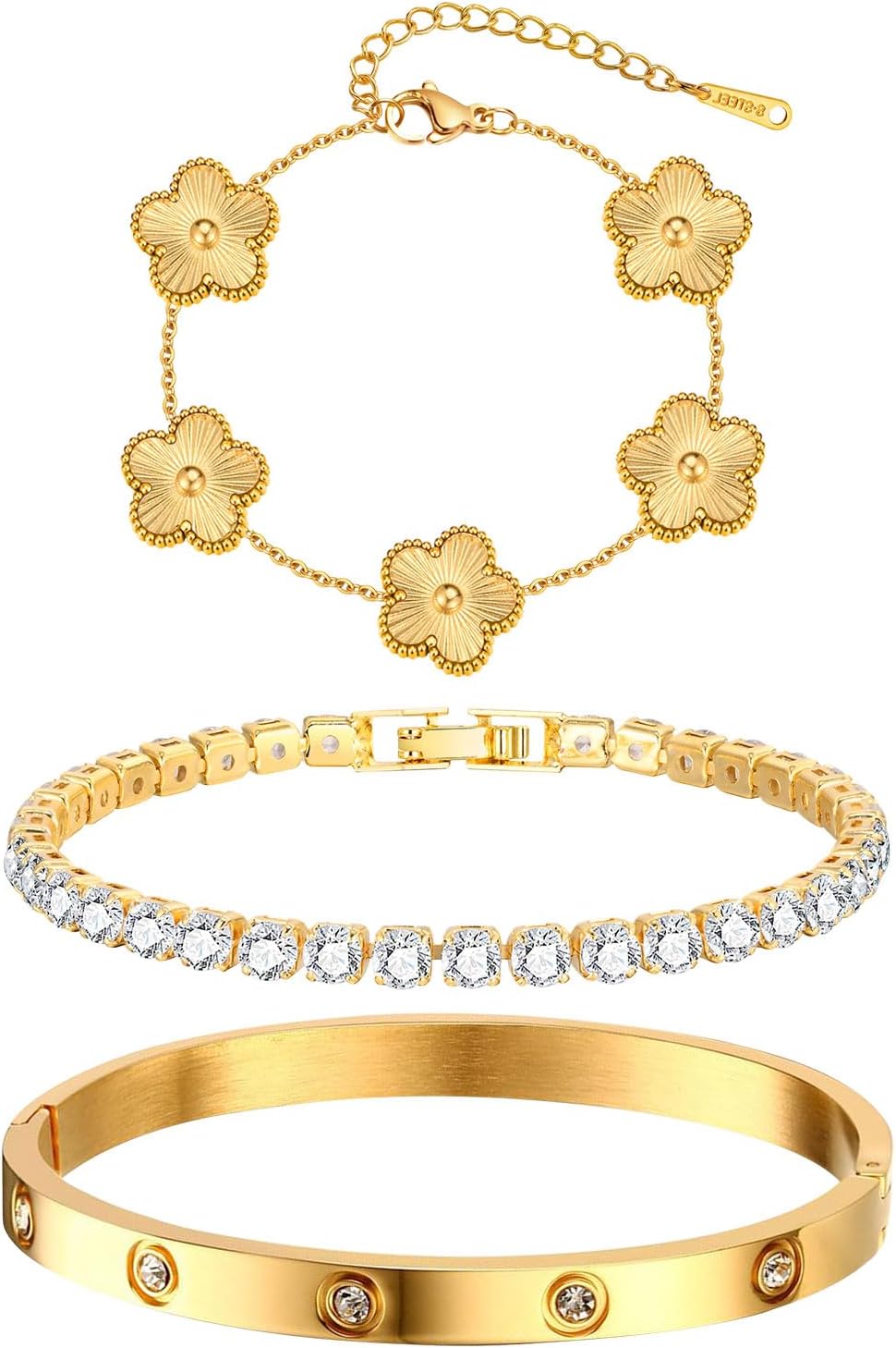 Pulseras florales apilables para mujer en oro - Juego de 3 pulseras...