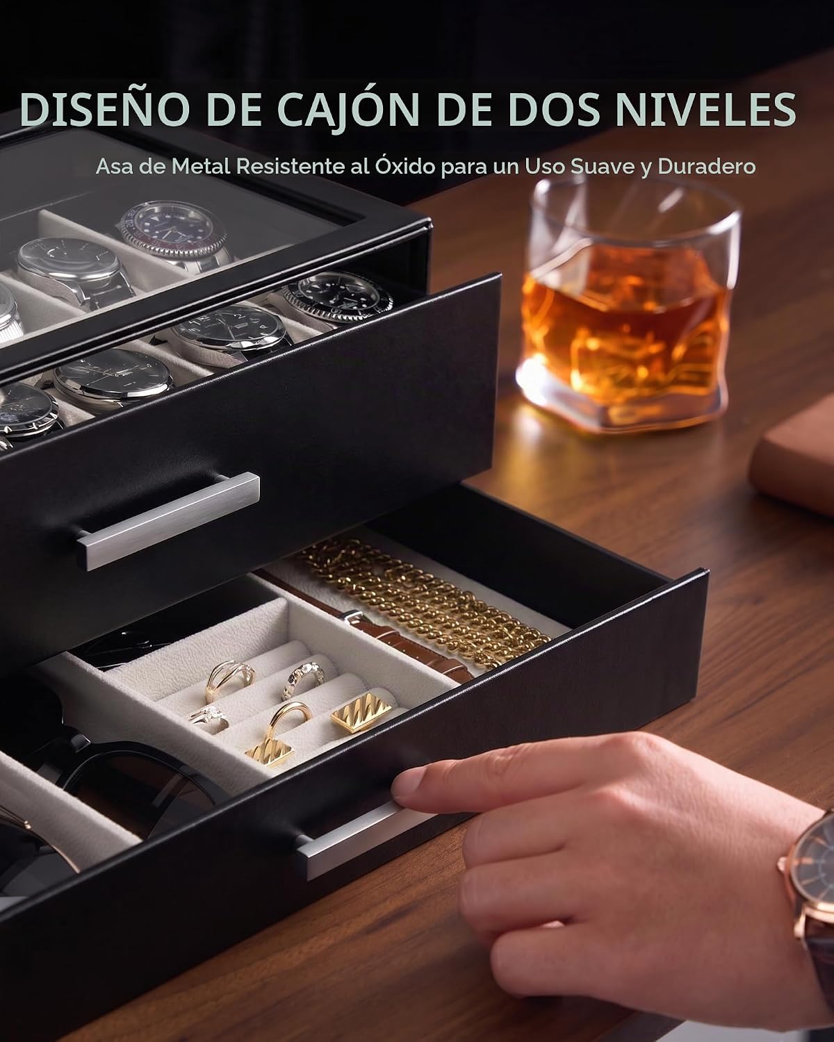 ProCase Caja de reloj de 14 ranuras, vitrina de 2 niveles con cajon...