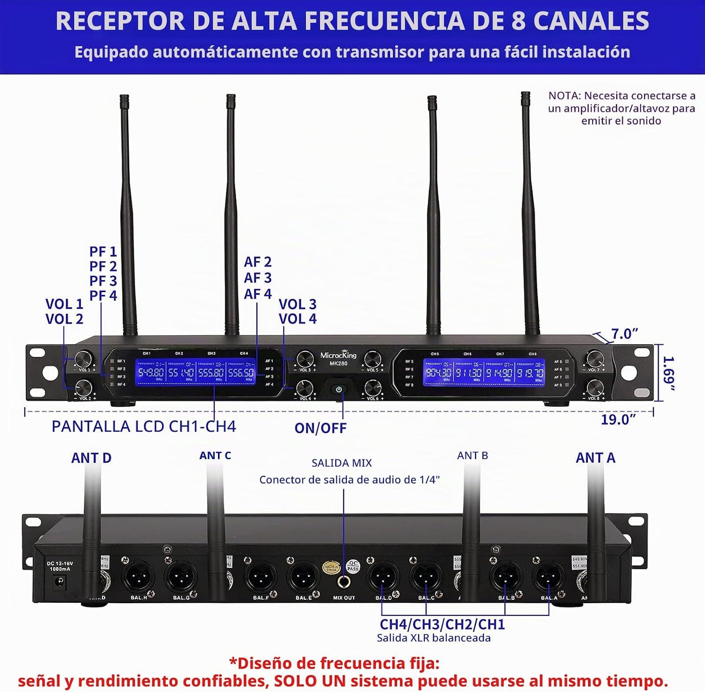 MicrocKing Sistema de Micrófono Inalámbrico, 8 Canales UHF, Micrófo...