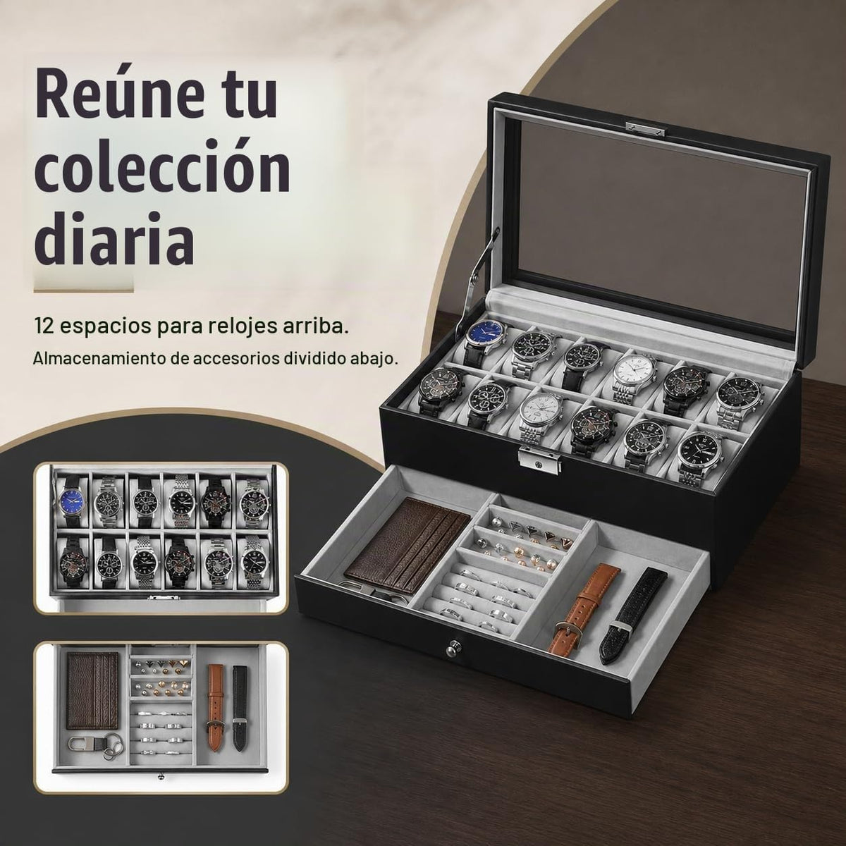 GUKA Caja de reloj de 12 ranuras, organizador de exhibición de cuer...