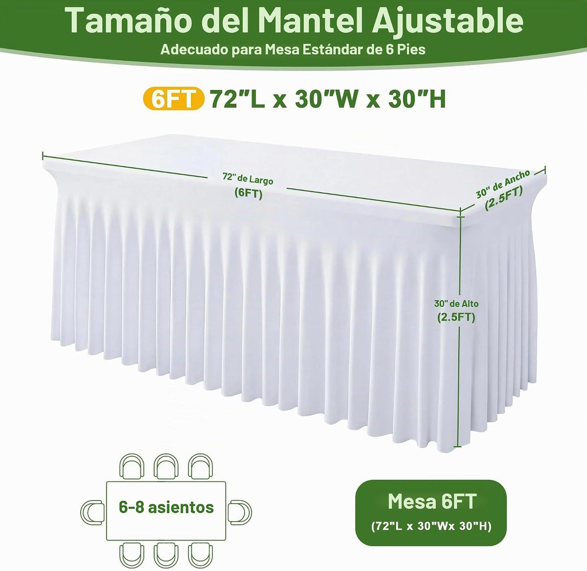 Wokceer Mantel de spandex blanco para mesa rectangular de 6 pies, c...