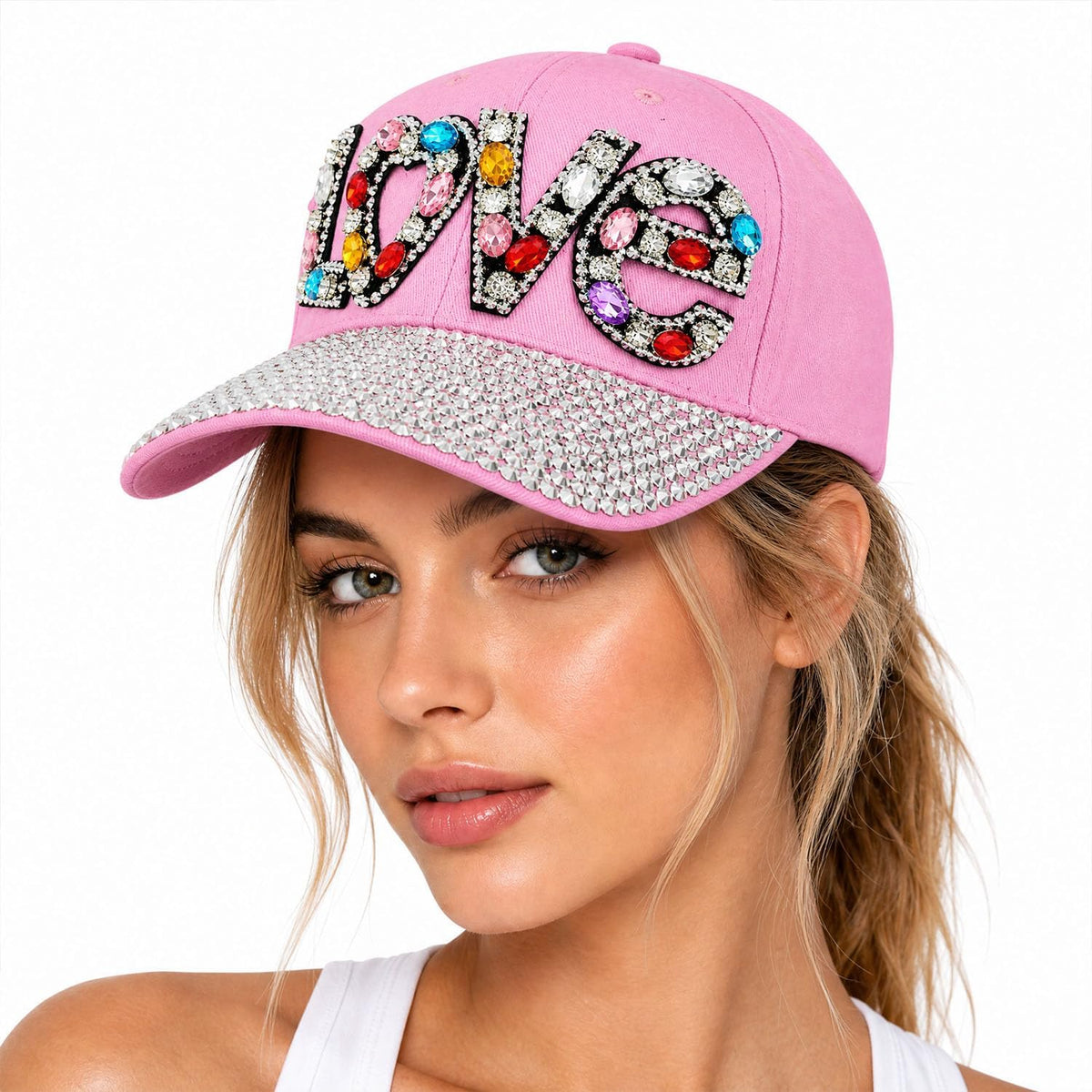 Gorra de béisbol brillante con diamantes de imitación, malla ajusta...