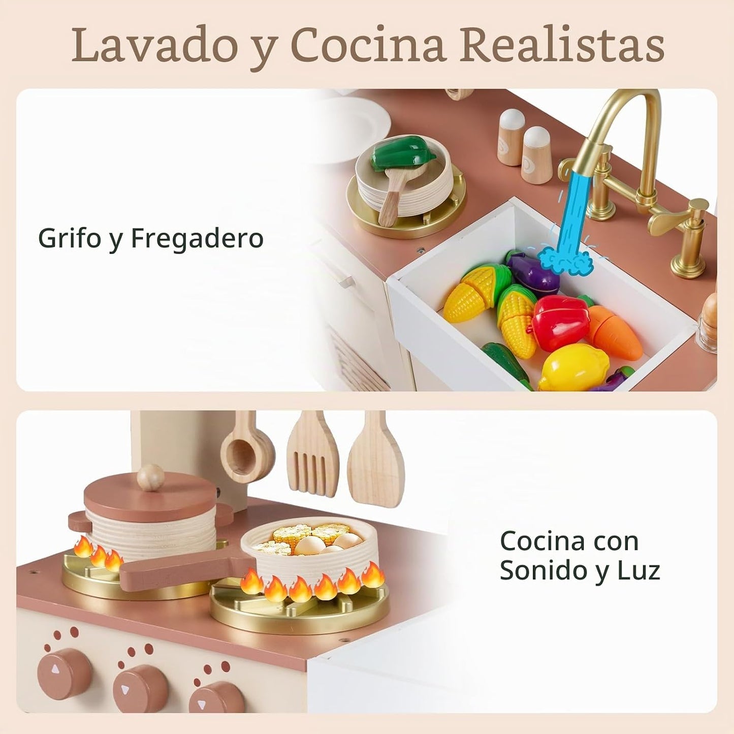 OLAKIDS Play Kitchen, juguete de cocina de madera para niños con so...
