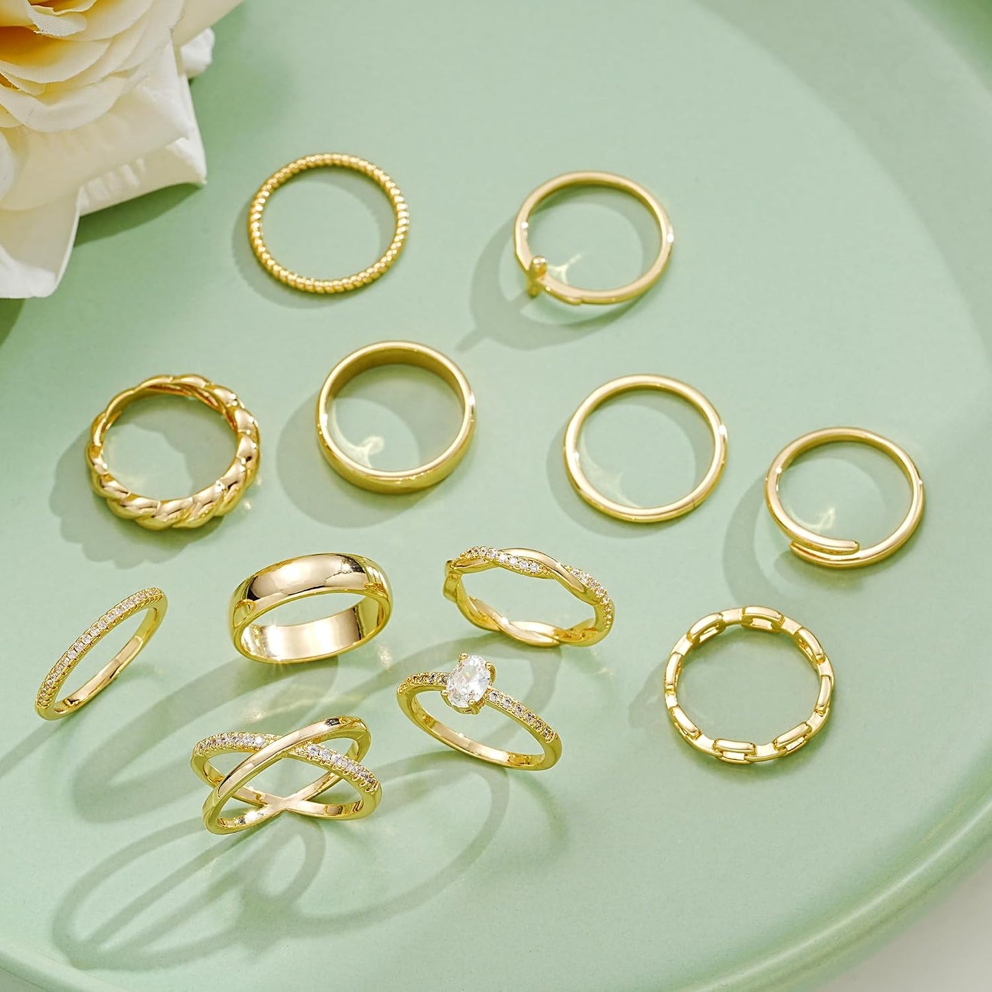 FAXHION 12 piezas de anillos delicados de oro de 14 quilates para m...