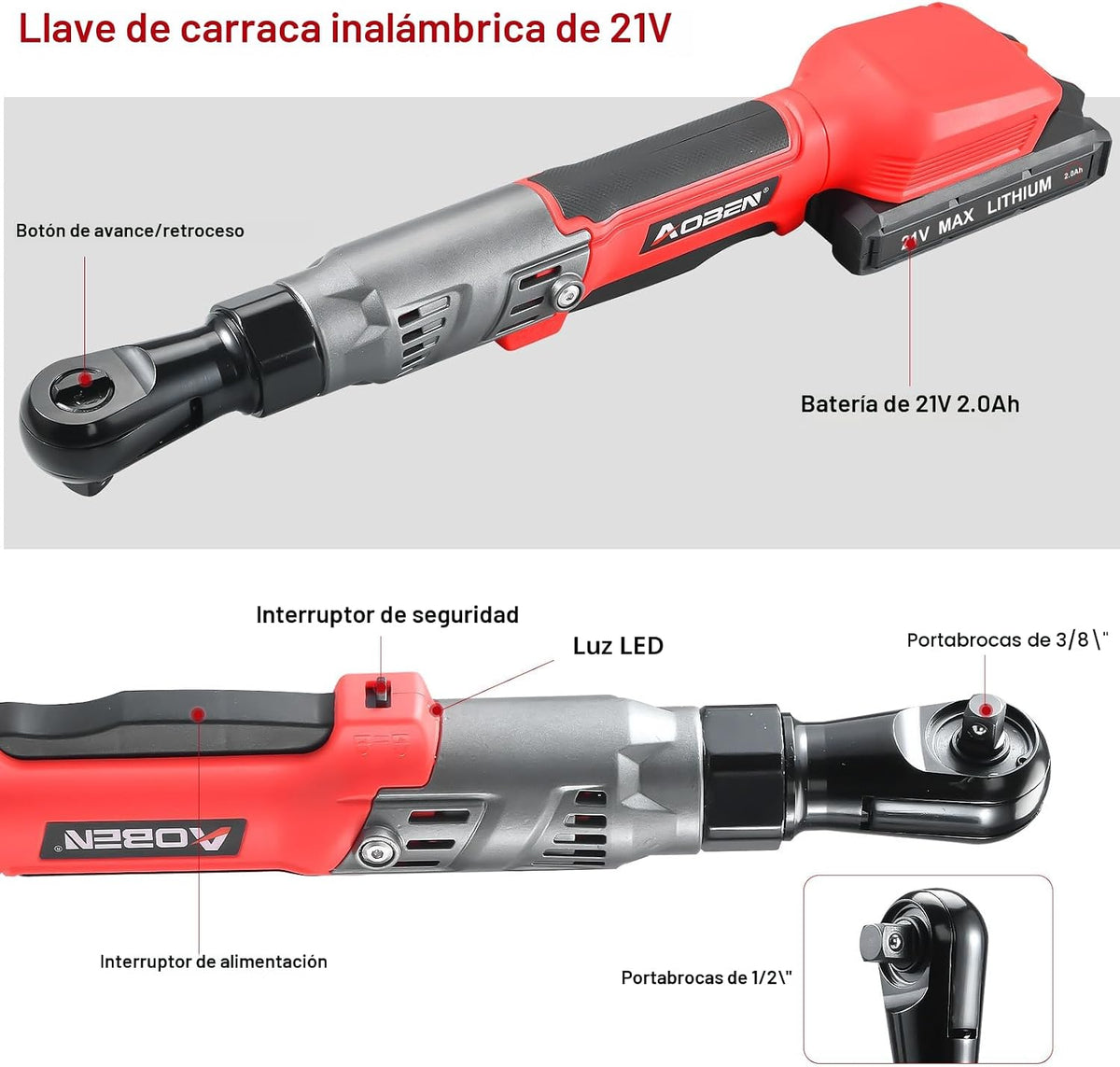 AOBEN Kit de Llave de Trinquete Inalámbrica de 21V 3\/8" - 74 F...