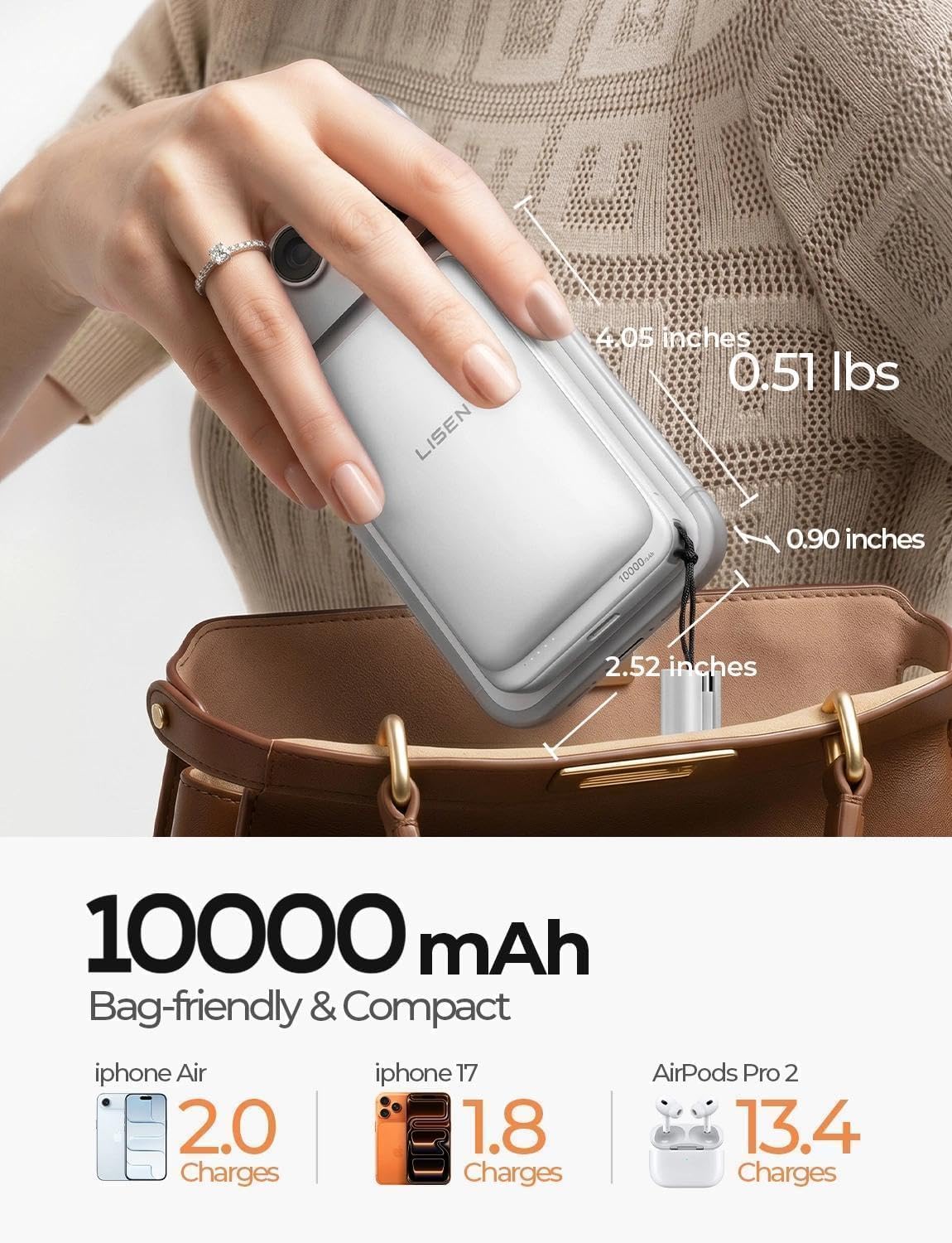 LISEN Cargador portátil magnético para iPhone 10000mAh | QI2.2 Carg...