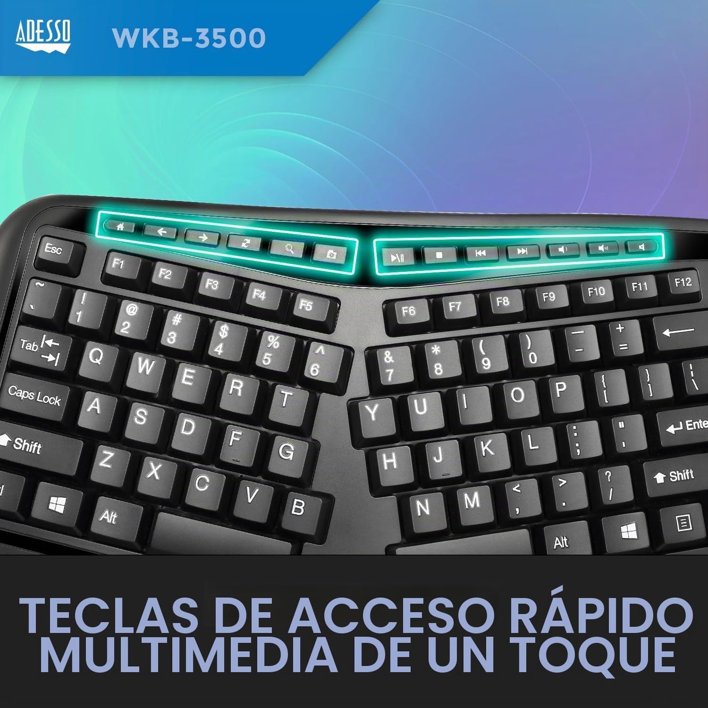 Adesso Teclado ergonómico inalámbrico 2 en 1, WKB-3500UB, negro | E...