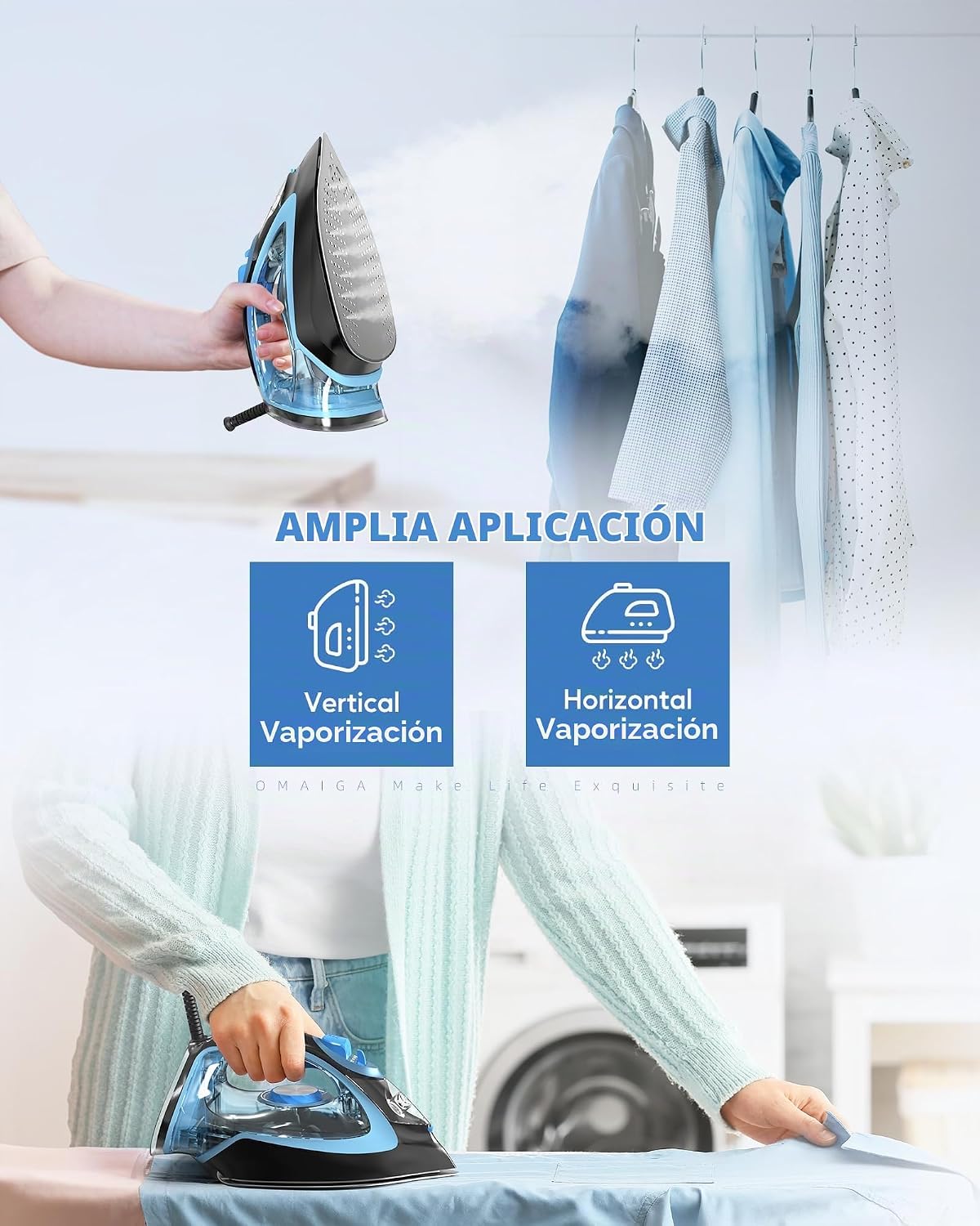 OMAIGA Plancha de vapor de 1750 W para ropa, tanque de agua grande...