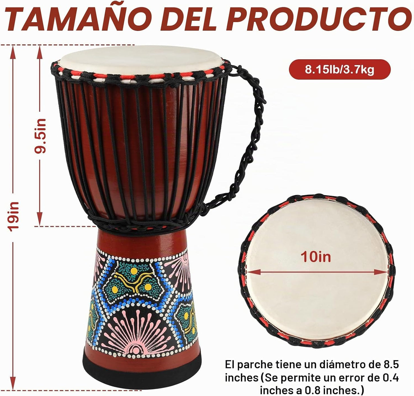 GOGHOST - Tambor africano de madera Djembe para adultos, 10 x 19 pu...