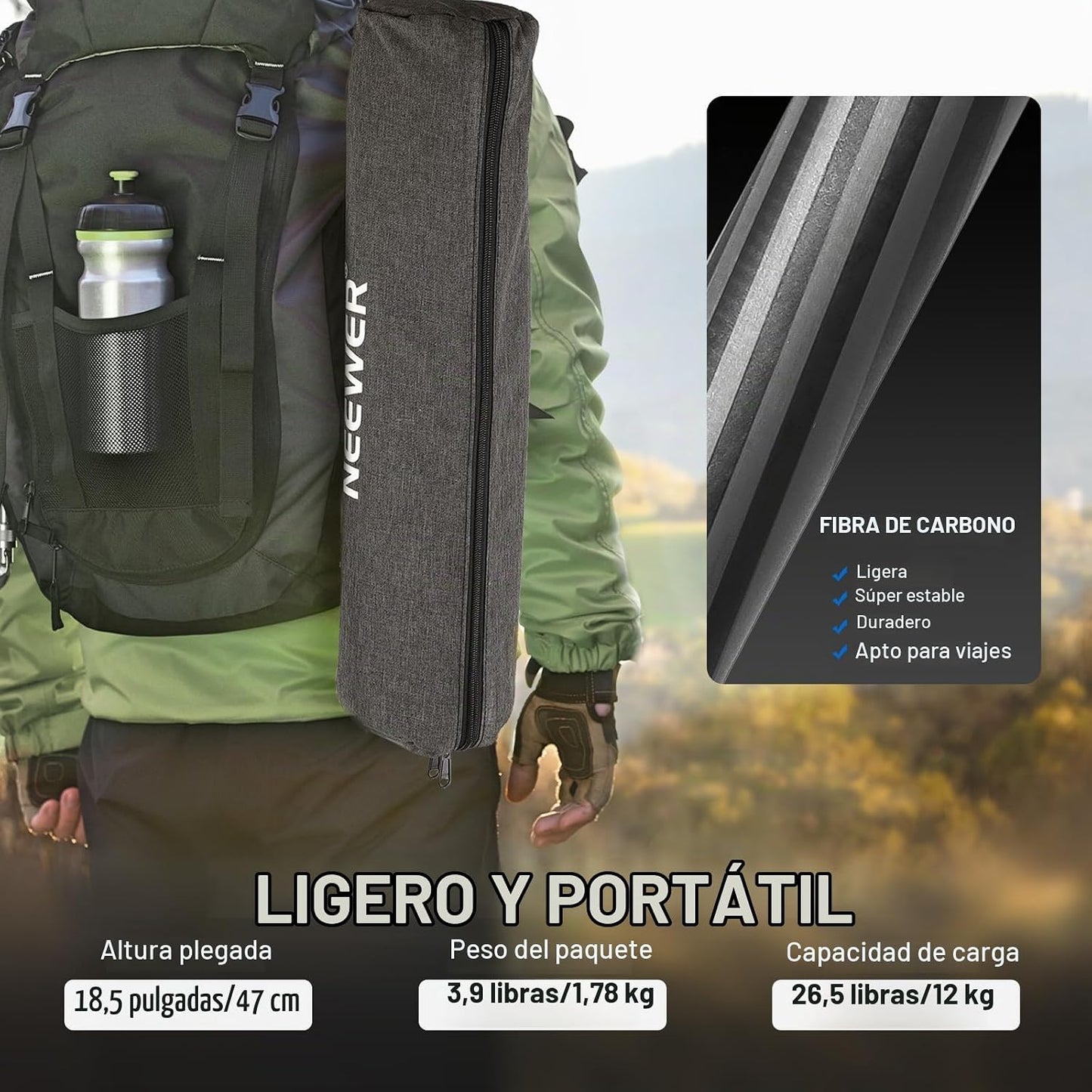 NEEWER Trípode de fibra de carbono de 66"\/168cm para cámara co...