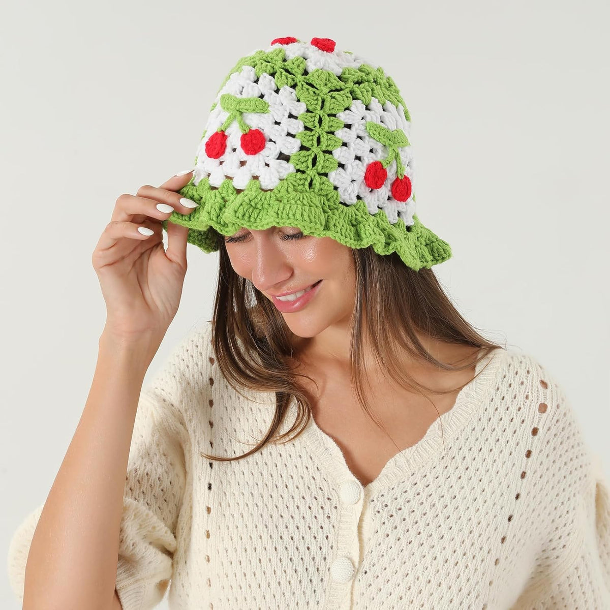 Fiewmay Sombrero de pescador de ganchillo para mujer, hecho a mano,...