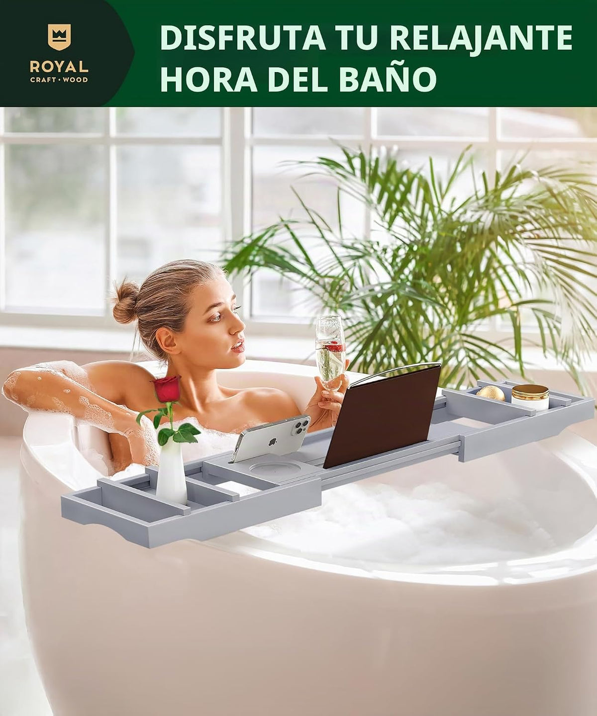 Royal Craft - Bandeja de bambú para bañera con soporte para libro y...