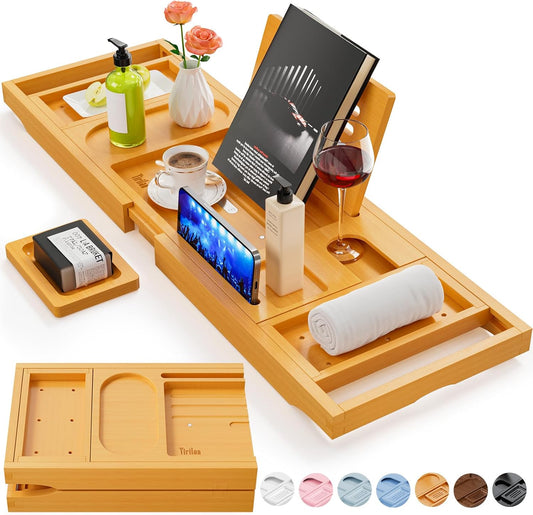 Yirilan Bandeja de baño de bambú, organizador de baño plegable de a...