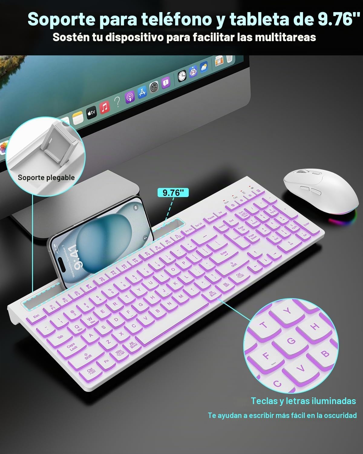 Combo de teclado y mouse inalámbricos, 7 efectos retroiluminados, l...