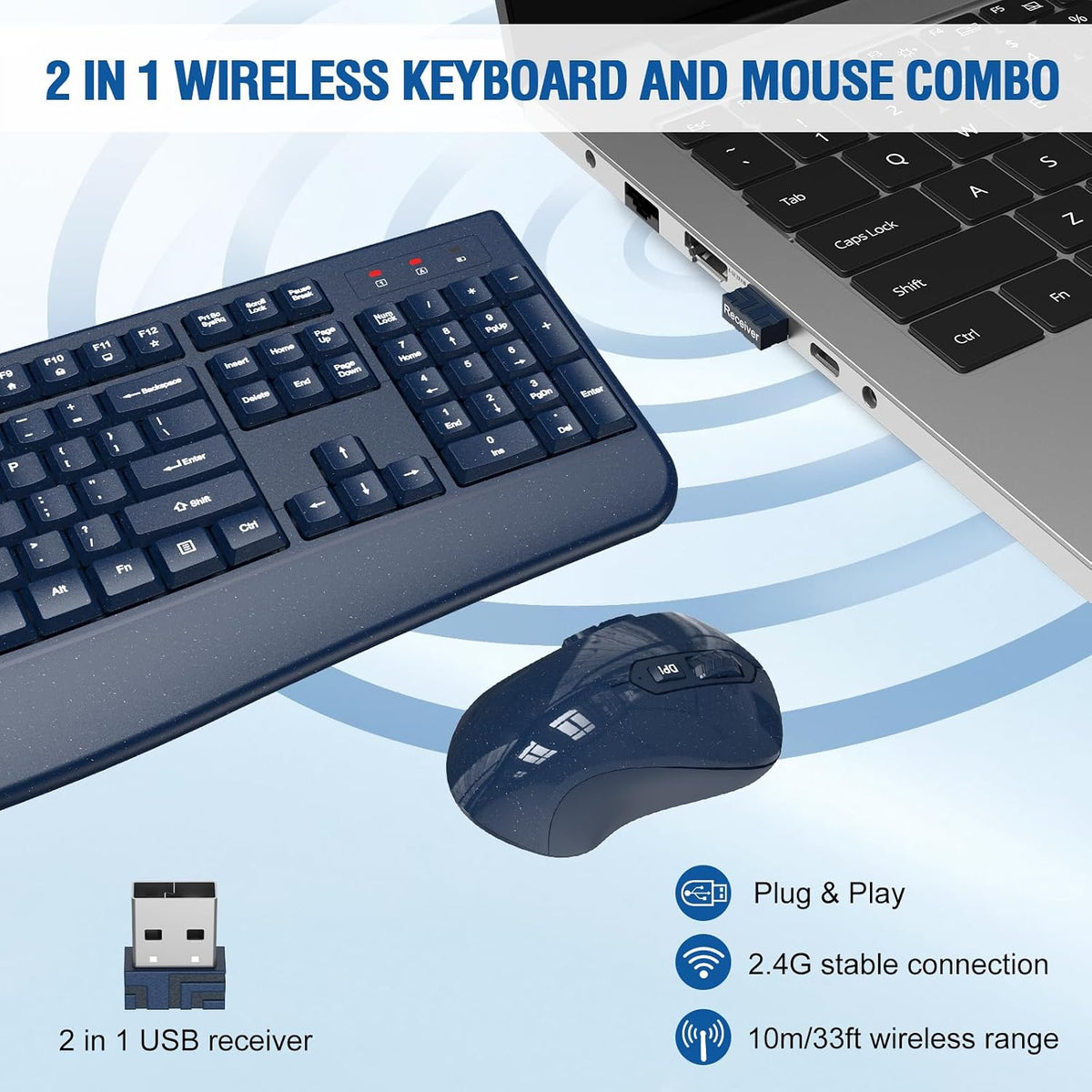 Combo de teclado y mouse inalámbricos de tamaño completo 2.4 GHz co...