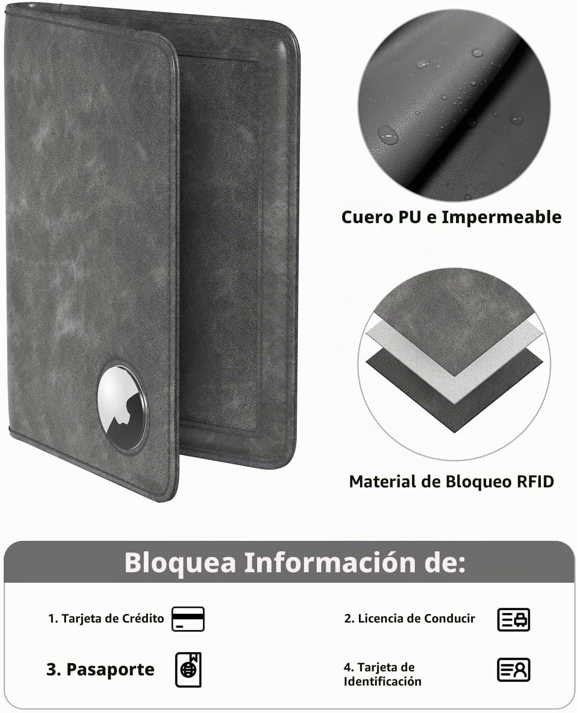Stouchi Porta Pasaporte AirTag, Gris | Piel sintética ultradelgada...