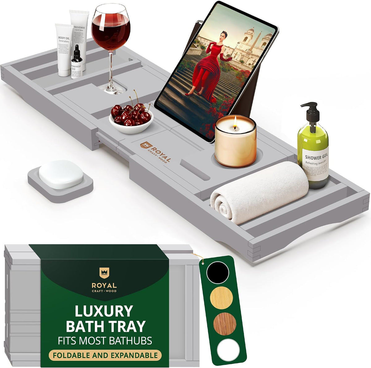 Royal Craft - Bandeja de bambú para bañera con soporte para libro y...