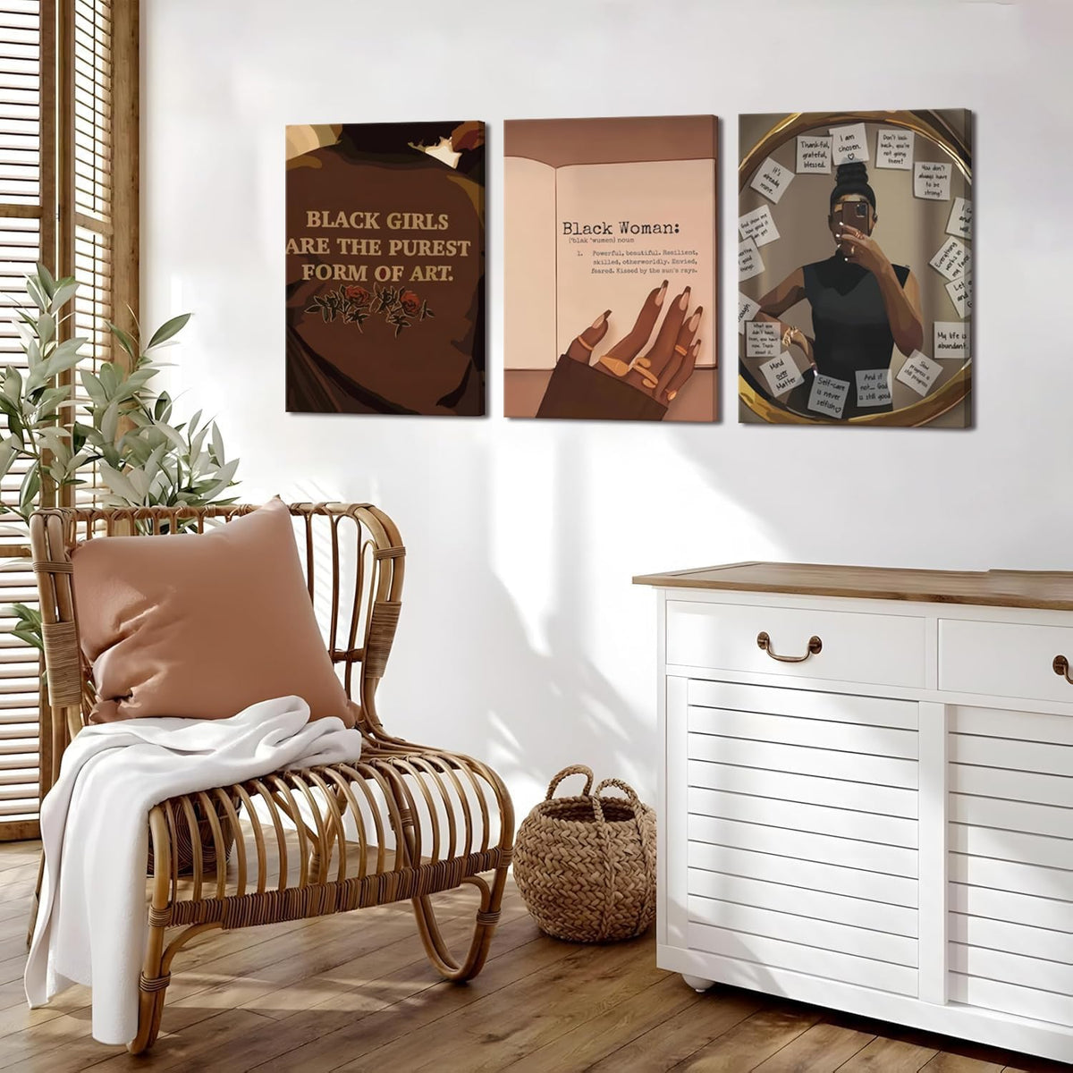 Juego de 3 Arte de Pared de Chica Negra Afroamericana Lienzo Decora...