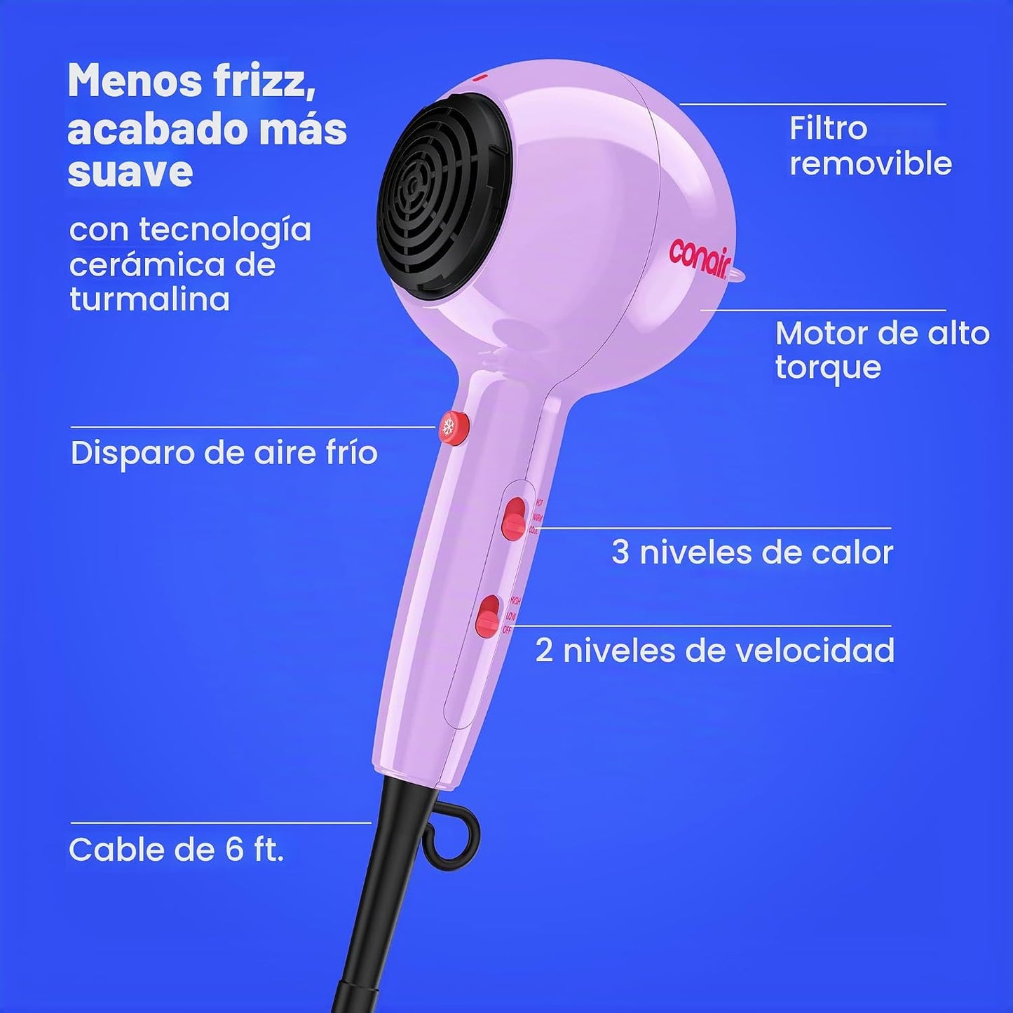 Conair Secador de pelo Cake Pop, secador de pelo con difusor y conc...