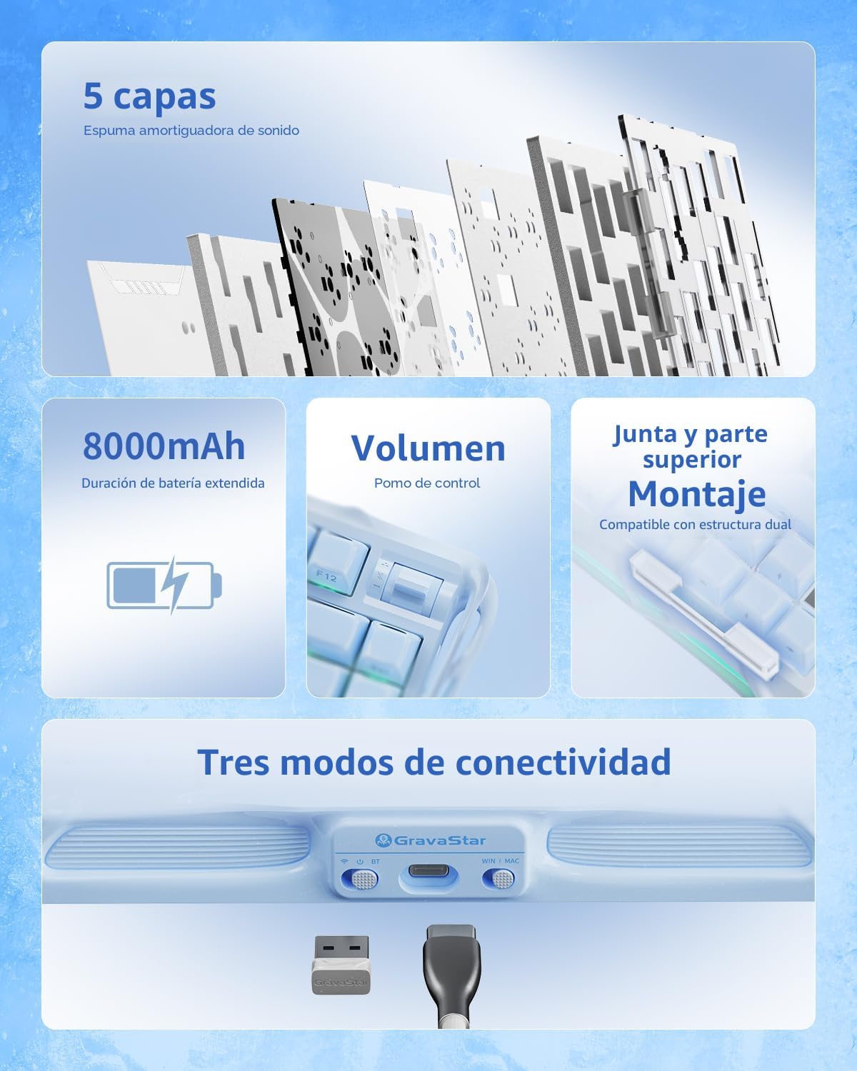 GravaStar Mercury K1 75% teclado para juegos azul, teclado mecánico...