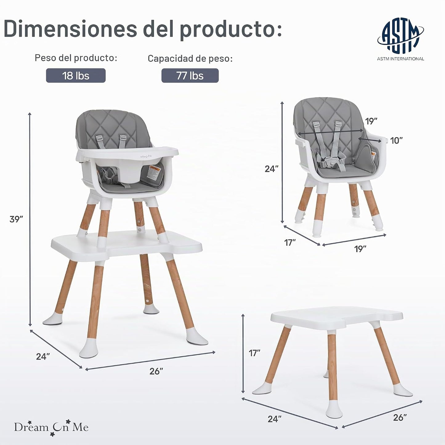 Dream On Me Luna - Silla alta convertible 4 en 1 para bebé en gris...