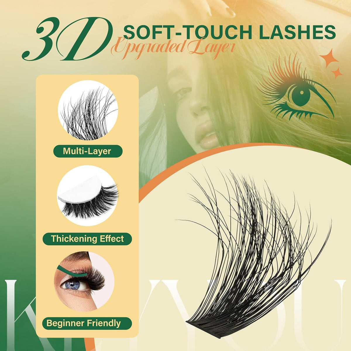 KEYYOU - Kit de racimos de pestañas 80D100D, 280 unidades, rizo D,...