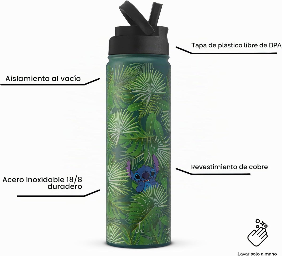 JoyJolt Disney Stitch-a-Boo - Botella de agua de acero inoxidable c...
