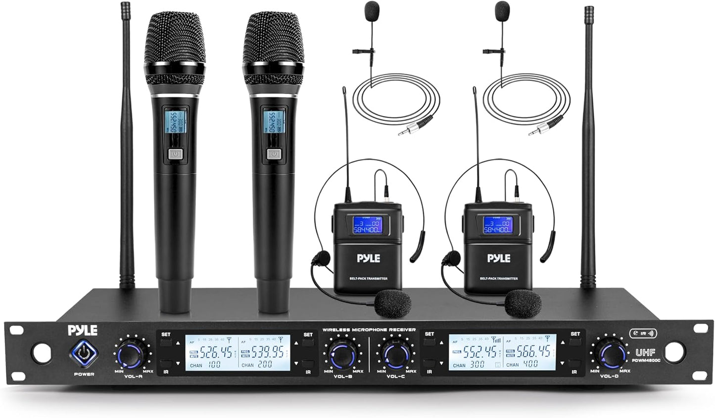 Pyle Sistema de micrófono inalámbrico UHF de 4 canales con 2 micróf...