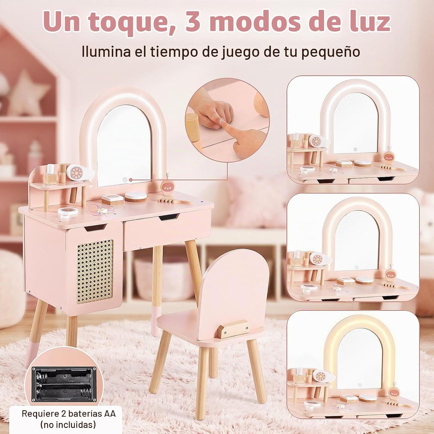 LININYHAO Juego de tocador para niños con espejo iluminado y acceso...