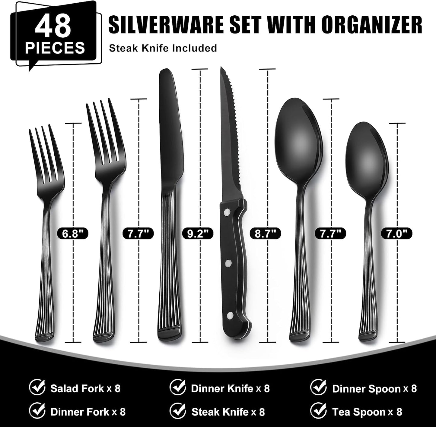Juego de cubiertos negros de 49 piezas con organizador, cubiertos n...