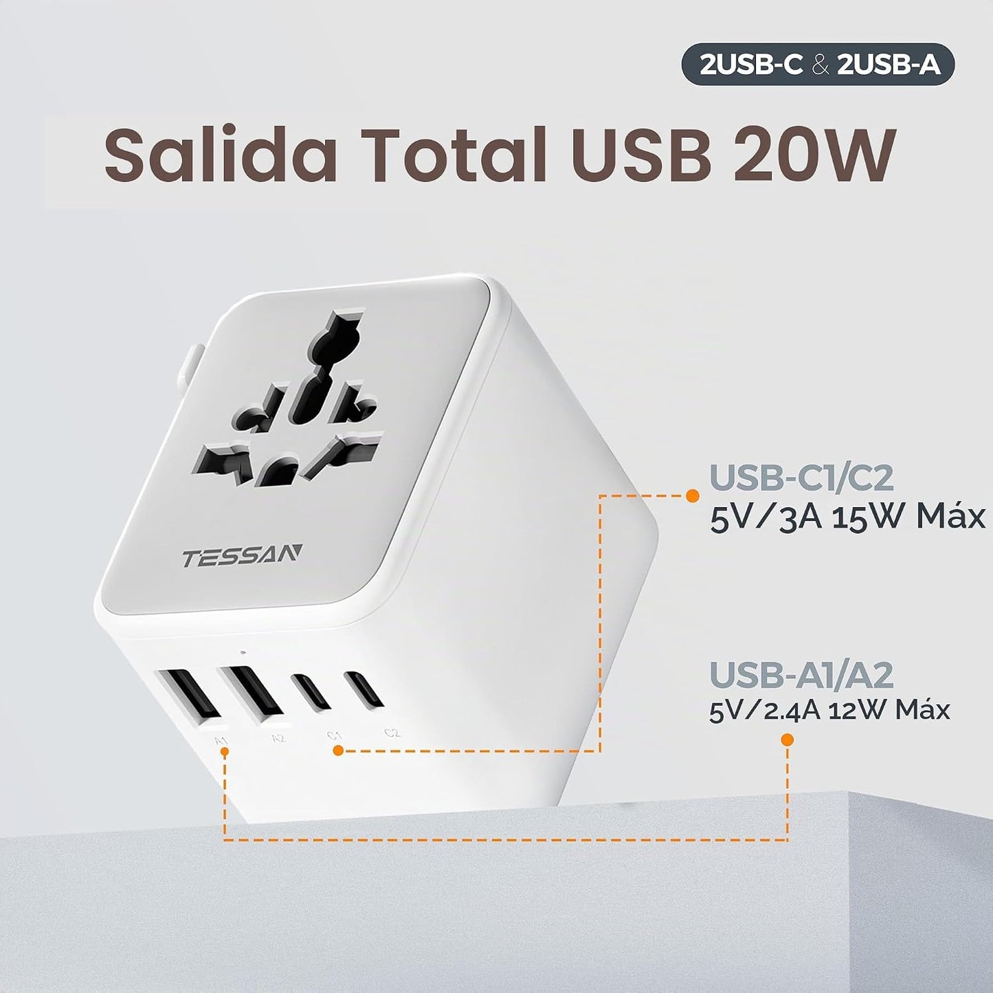 TESSAN Adaptador de viaje universal, adaptador de corriente interna...
