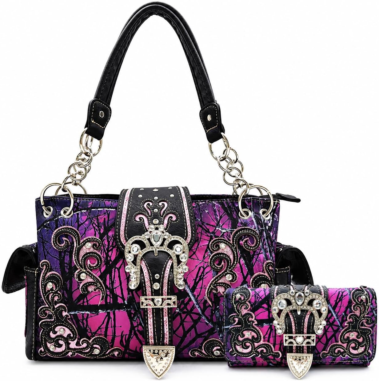 Bolso estilo occidental con hebilla de corona camuflaje, brillo flo...