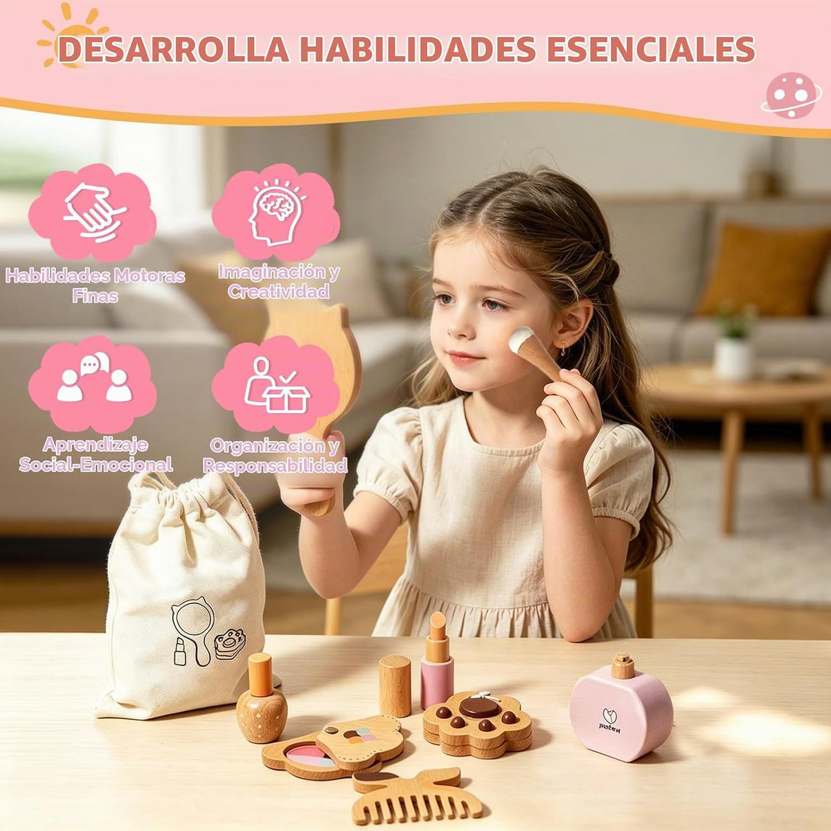 Brownroot Kit de maquillaje de madera para niñas con cosméticos de...