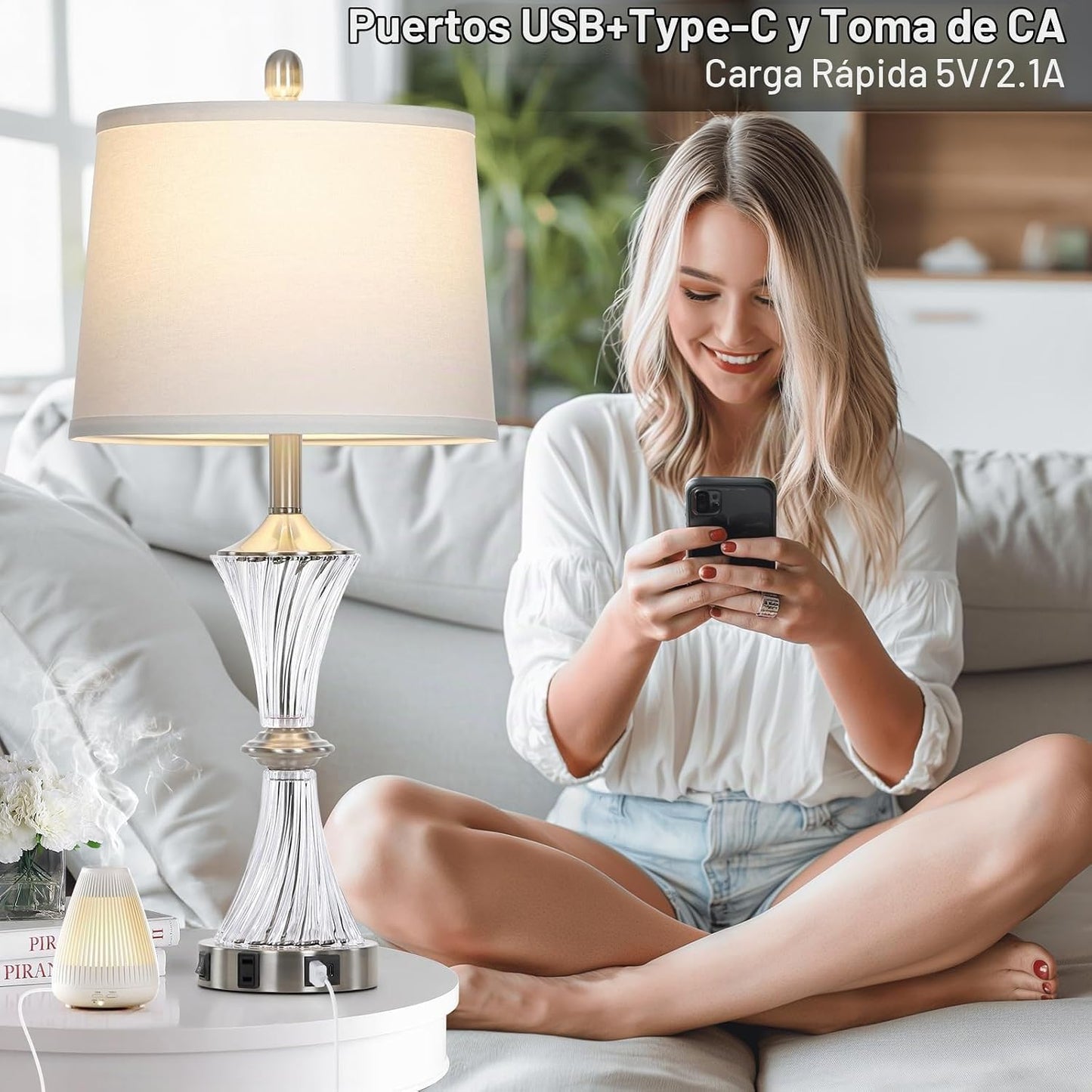Rinweey - Lámpara de mesa de vidrio de cristal con puertos USB C+A...