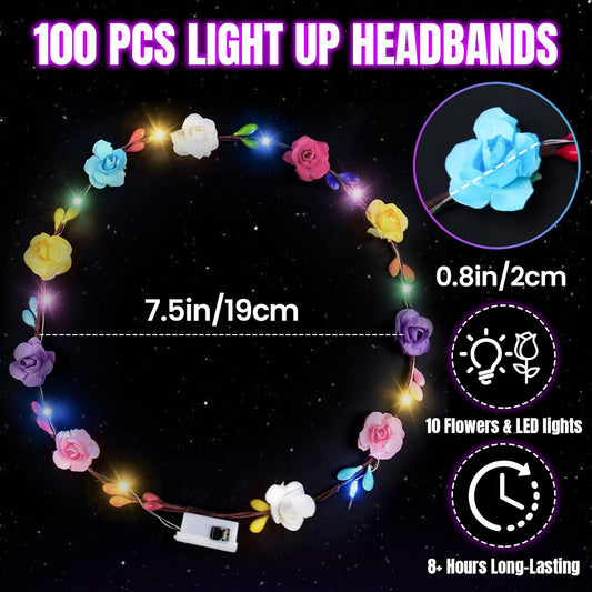100 diademas LED con corona de flores, suministros de fiesta que br...