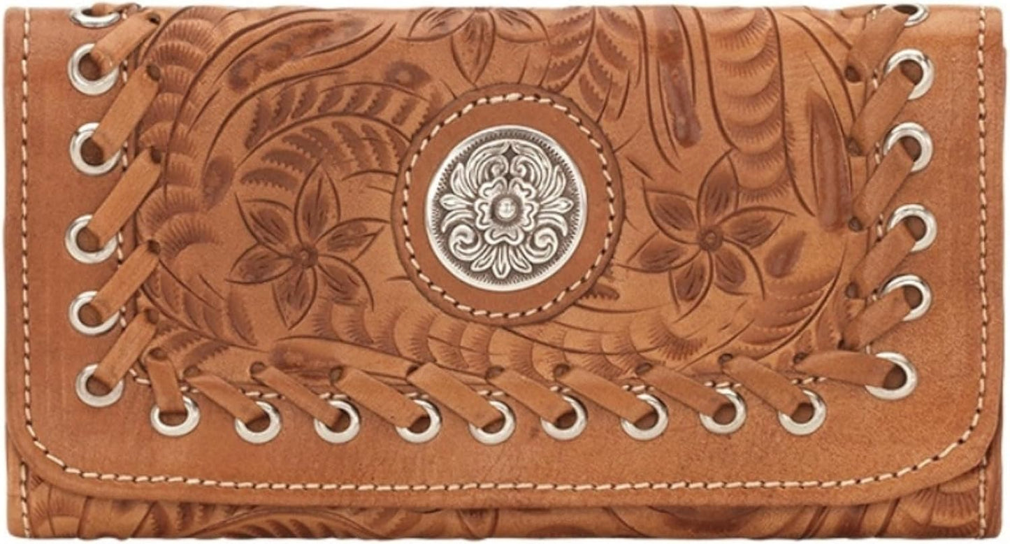 American West Cartera de tres pliegues hecha a mano de cuero 100% a...