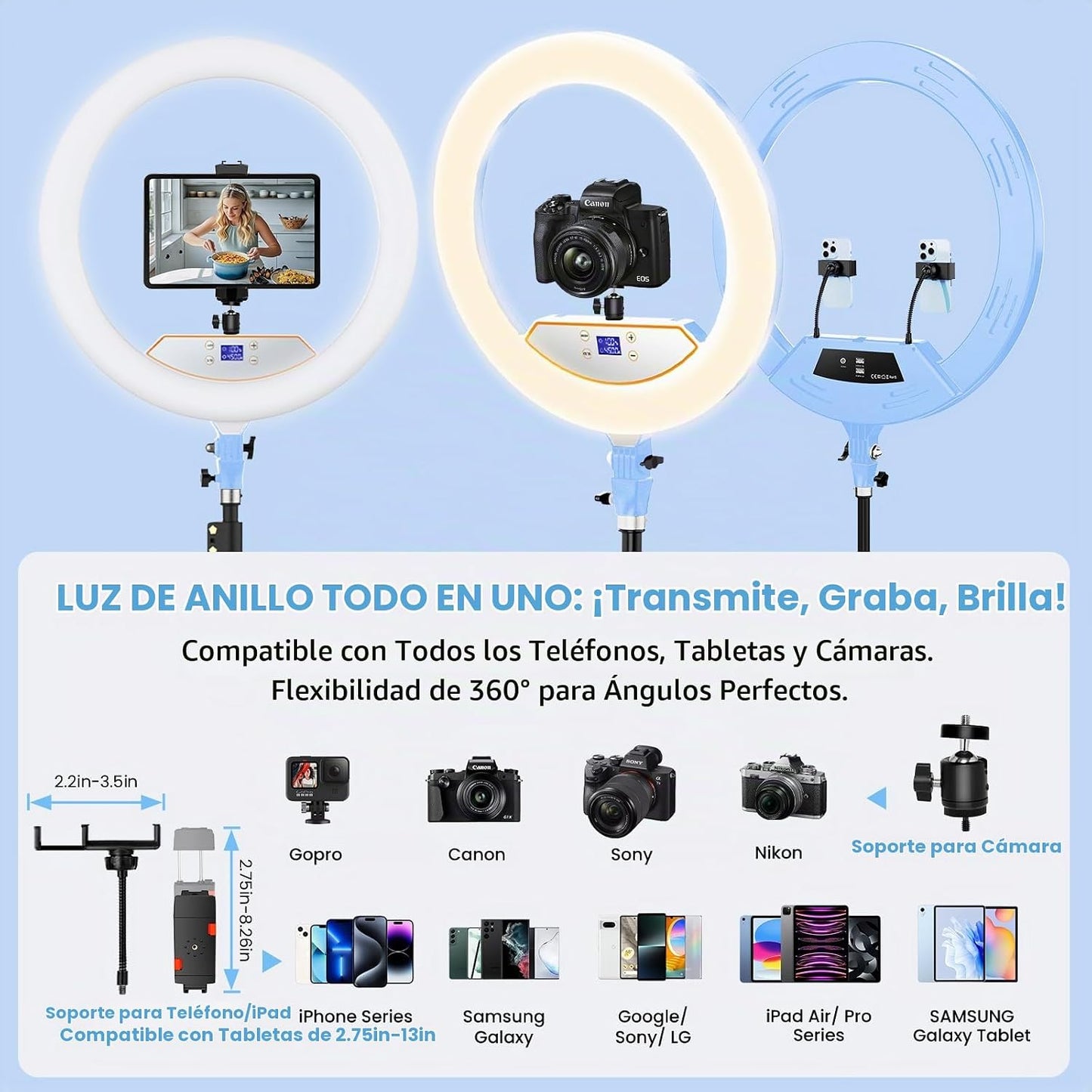 MACTREM Anillo de luz grande de 22 pulgadas con soporte para maquil...