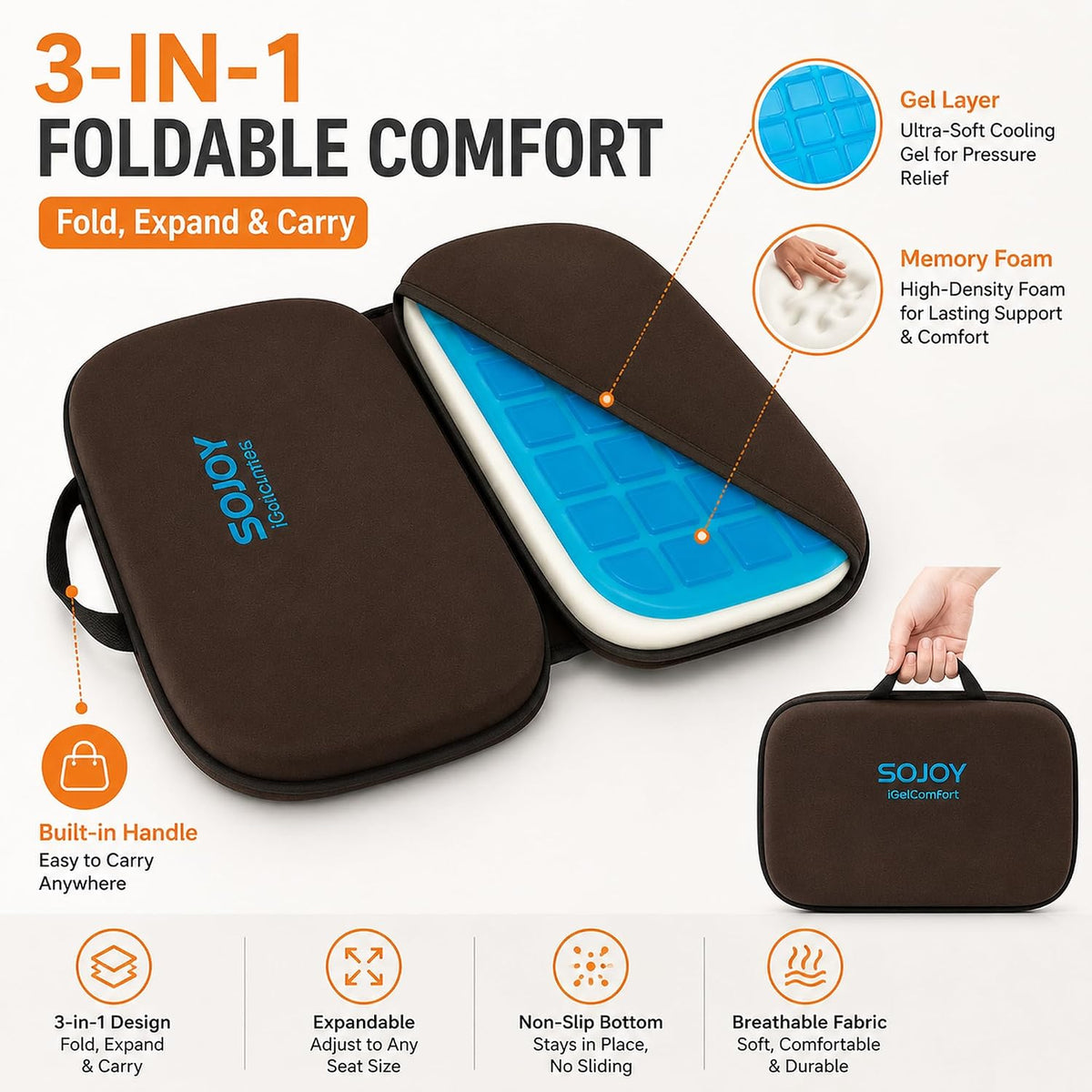 Sojoy Cojín de asiento de gel plegable 3 en 1 con espuma viscoelást...