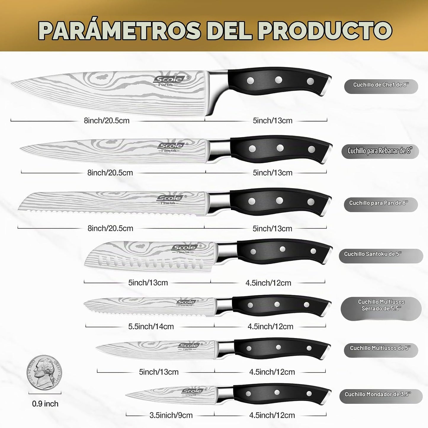 SCOLE® Juego de cuchillos de cocina ultra afilados de acero inoxida...
