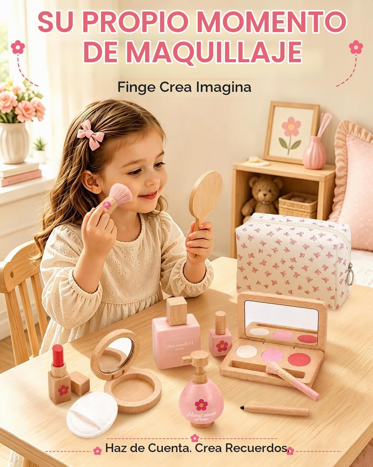 Kit de maquillaje de madera para niñas de 3 a 5 años, juego de maqu...