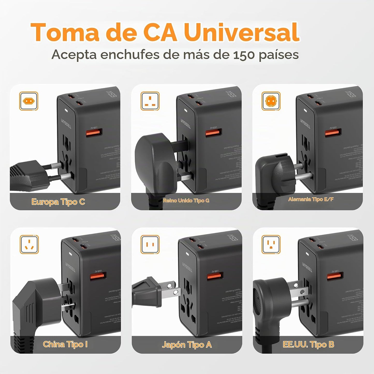 Adaptador de viaje universal TESSAN, adaptador de corriente interna...